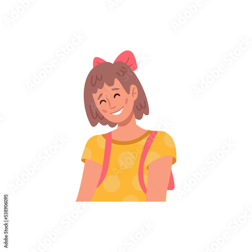 Smiling girls portrait, isolated avatar of child with decorative bow on hair. Female character, young teenager or preteen. Vector in flat cartoon style