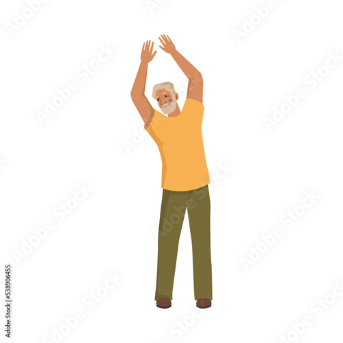 Senior man doing exercises, stretching body and working out. Grandfather makes physical movements for strengthening muscles. Vector in flat cartoon style