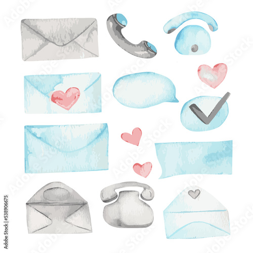 Watercolor envelopes with red hearts. Valentine's day decoration. Love clipart.