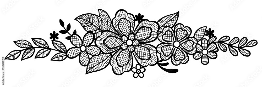 Fototapeta premium Lace decorative element with flowers and leaves. Embroidery handmade decoration.