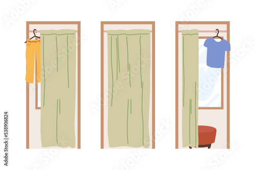 Fitting or changing rooms for trying on clothes, shop or store interior. Place for women to look at outfit, small chair and hangers. Vector in flat cartoon style