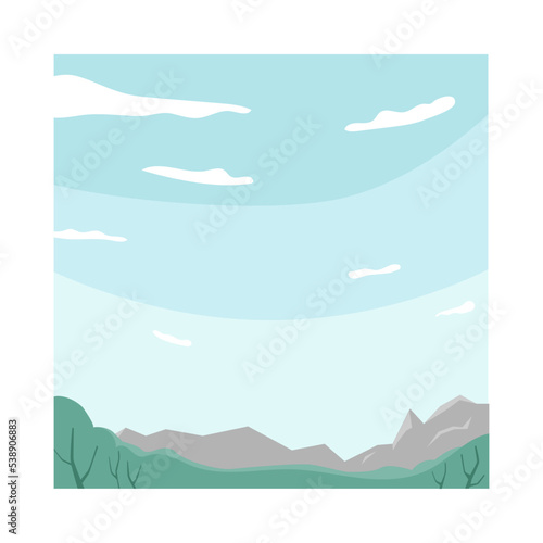 Morning sky with clouds and bluish tint. Landscape  nature scenery with mountains in distance. Resort or relax area for picnic. Vector in flat cartoon style