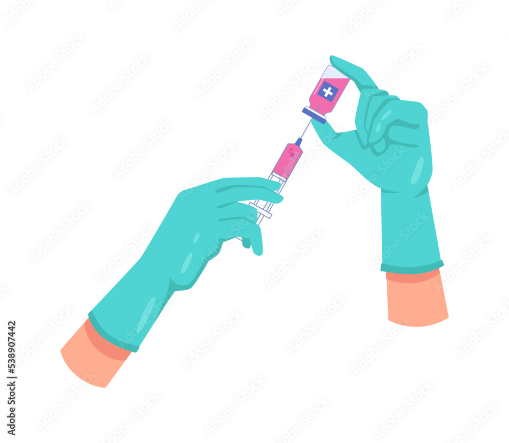 Vaccination in clinics, isolated hands in gloves filling syringe with vaccine. COVID healthcare and preventive measures for immunity. Vector in flat cartoon style Vaccination in clinics, isolated hands in gloves filling syringe with vaccine. COVID healthcare and preventive measures for immunity. Vector in flat cartoon style