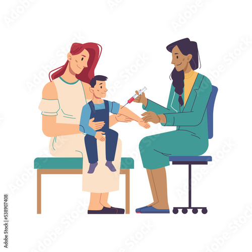 Vaccination of children, isolated doctor injecting antibodies into toddlers organism. Healthcare and protection from diseases. Vector in flat cartoon style