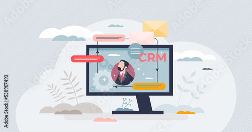 CRM system or customer relationship management software tiny person concept. Business tool for marketing and sales database and control vector illustration. Organization interaction administration.