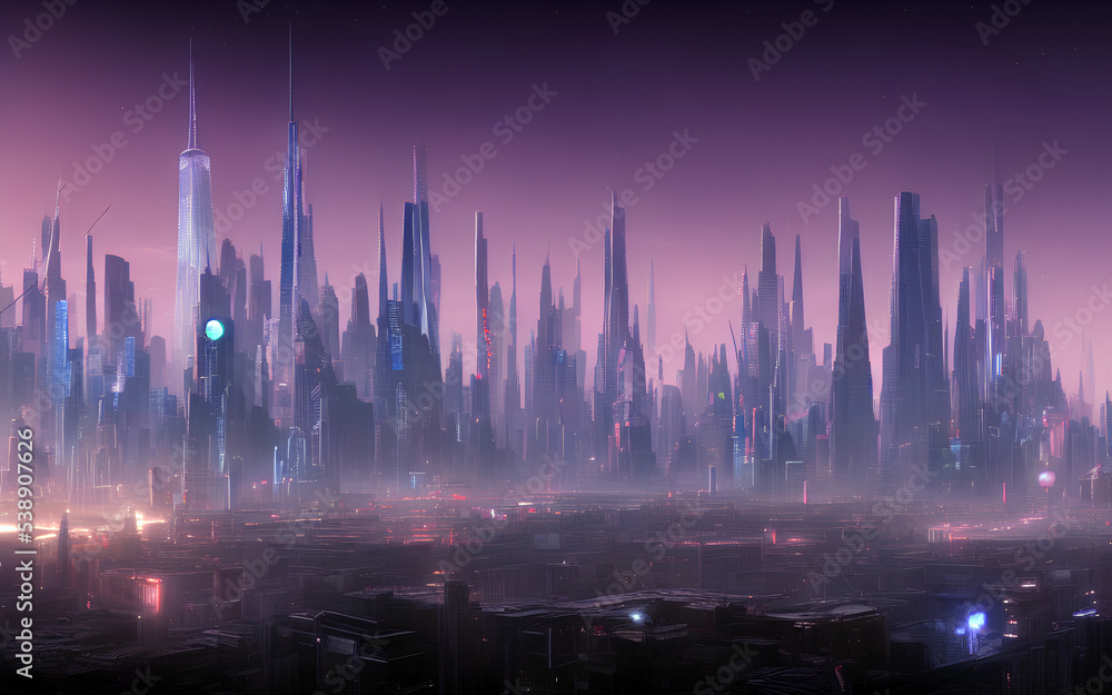 Futuristic night time cyberpunk city skyline cityscape. 3D illustration