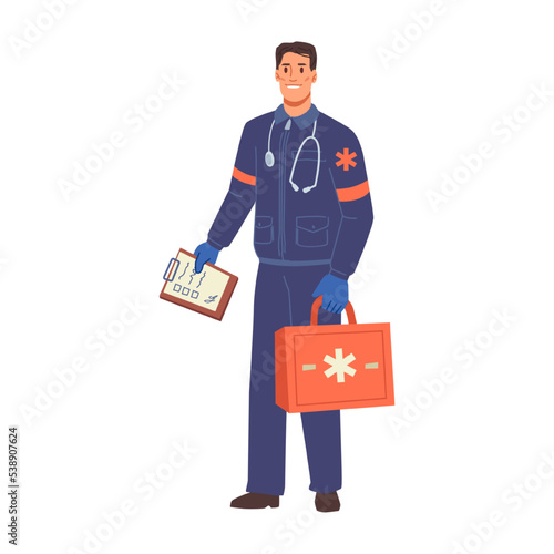 Paramedic with medicine box and document with signatures. Medical staff, worker in clinic or hospital. Personage or character, vector in flat cartoon style