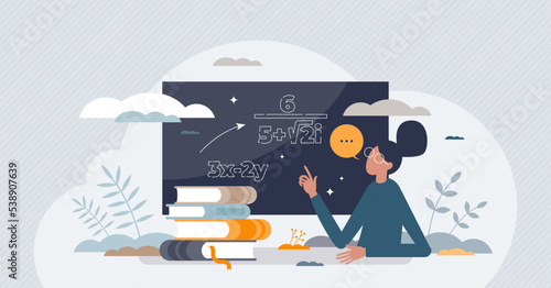Math tutor as mathematics teacher for count learning tiny person concept. Student knowledge development with equation training and academic guidance vector illustration. Homework study assistance.
