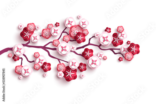 Cherry blossoms spring flower paper cut isolated on white background. Vector illustration. Japanese sakura garden, apricot plum branch papercut style. Korean wedding card design element