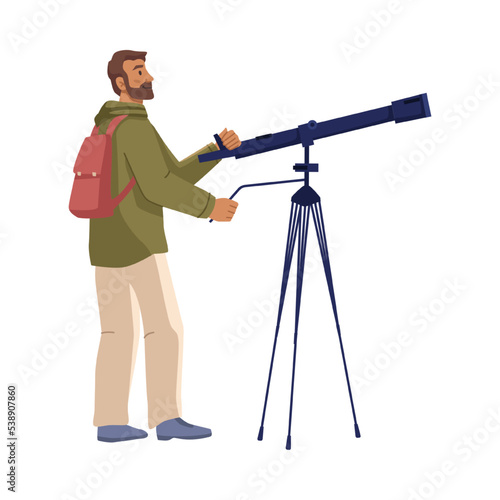 Watching starry night through telescope, discovering stars and celestial bodies, planets and comets. Man with backpack and device. Vector in flat cartoon style