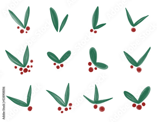 Vector Christmas set of illustrations of holly branches. Sprigs of holly with red berries and green leaves. Christmas decorations. Design elements of holiday decoration, greeting cards.