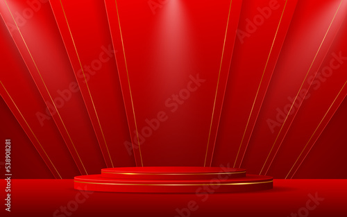 Red podium with red stripes with elegant gold lines for product presentation. Cosmetic product display. vector illustration
