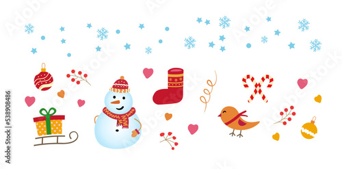 Collection of New Year vector illustration on a white background. Snowmen with gifts, sled, bird, snowflakes.