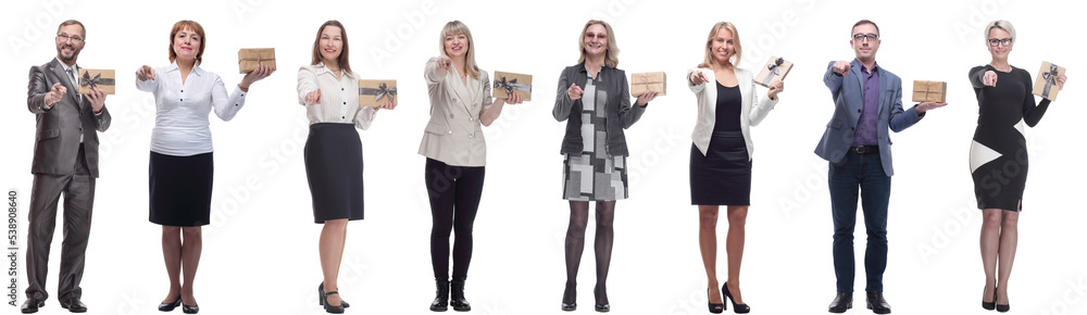 group of happy people with gifts in their hands isolated group of happy people with gifts in their hands isolated