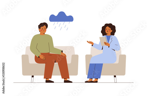 Fototapeta Naklejka Na Ścianę i Meble -  Psychologist talk to patient at mental therapy session. Young man in depression receives aid from counselor. Doctor helps a sad male to get rid of anxiety or stress.  Vector illustration