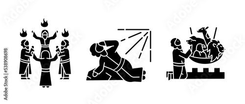 Biblical characters black glyph icons set on white space. Early christians legends. Religious narratives. Apostles. Silhouette symbols. Solid pictogram pack. Vector isolated illustration