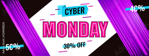 promotional discounts from cyber Monday on bright purple striped and black background.