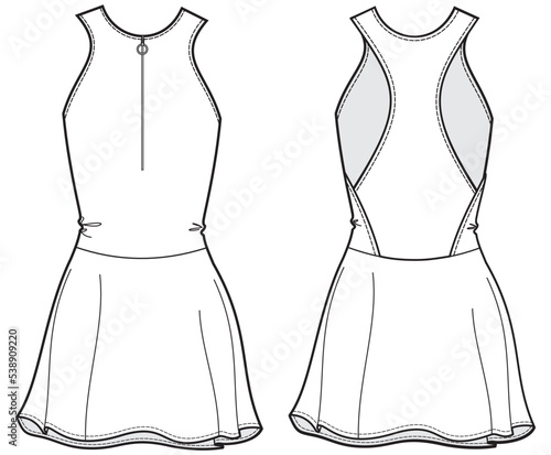 womens racerback tennis golf dress fashion flat sketch vector illustration. front and back view technical drawing template. photo