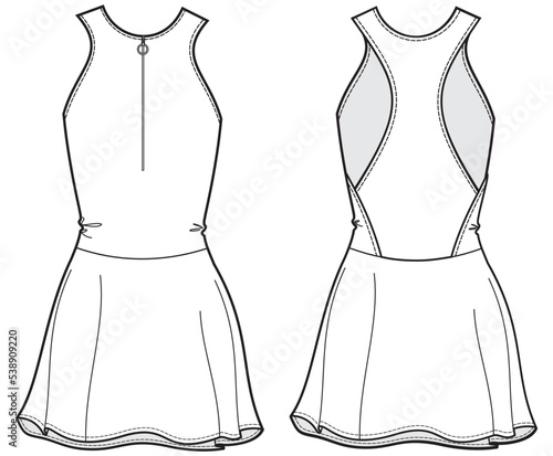 womens racerback tennis golf dress fashion flat sketch vector illustration. front and back view technical drawing template.