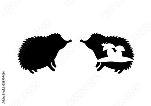 Cute hedgehog with mushrooms silhouette for laser cutting and scissor skills practice. Cartoon hedgehog icon isolated outline for decorating and print 

