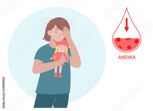 Girl feeling dizzy and nauseated. Little girl suffers from anemia and low hemoglobin.