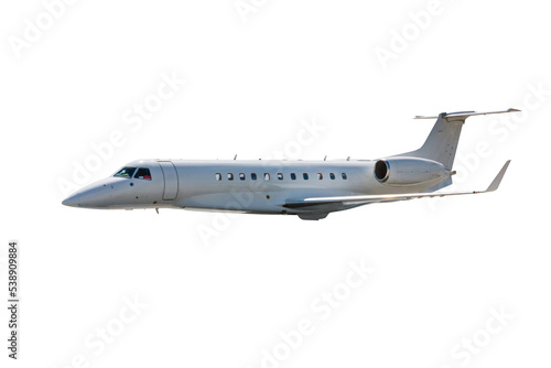 White modern executive business jet flies isolated on transparent background