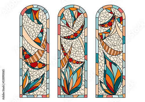Stained glass windows in a Church. Set of three different pictures drawing in one style.
