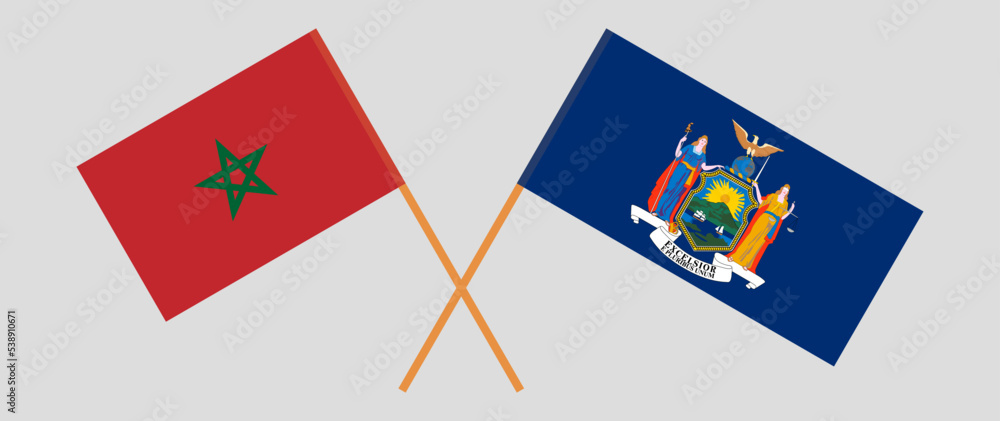 Crossed flags of Morocco and The State of New York. Official colors. Correct proportion Crossed flags of Morocco and The State of New York. Official colors. Correct proportion