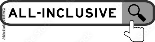 Search banner in word all-inclusive with hand over magnifier icon on white background