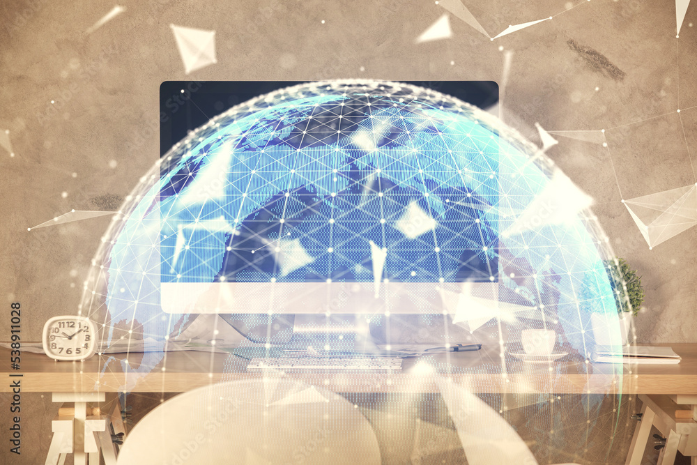 Double exposure of business theme drawing and office interior background. Concept of success Double exposure of business theme drawing and office interior background. Concept of success