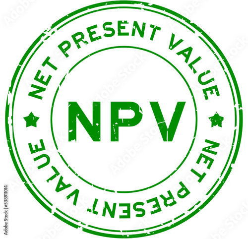 Grunge green NPV net present value word round rubber seal stamp on white background