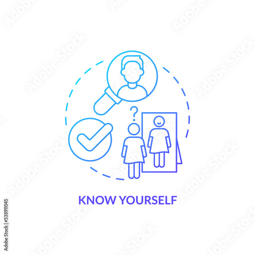 Know yourself blue gradient concept icon. Practicing self recognition. Improving self esteem abstract idea thin line illustration. Isolated outline drawing. Myriad Pro-Bold font used