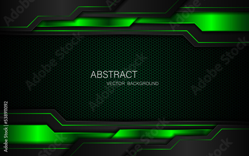 Abstract black and green polygon with green glow lines on dark steel mesh background with free space for design. modern technology innovation concept background
