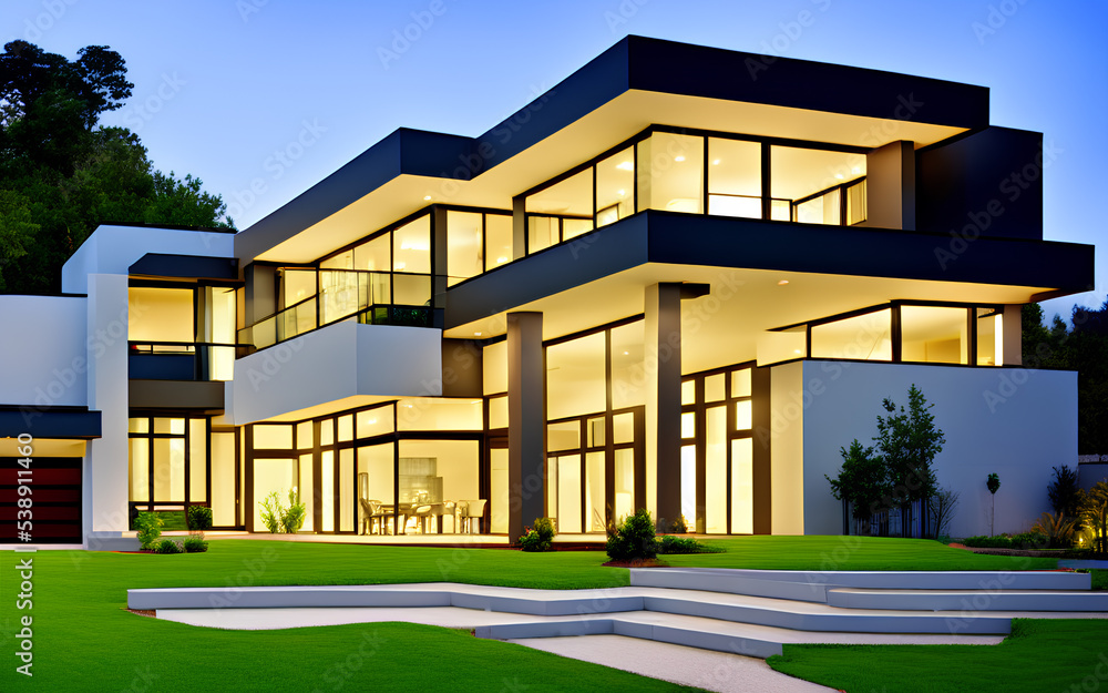 Elegant, modern and luxury house exterior design concept in black color. 3D rendering Elegant, modern and luxury house exterior design concept in black color. 3D rendering