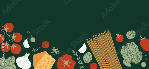 Pasta and tomatoes with garlic and basil. Textured illustration on a dark background. 