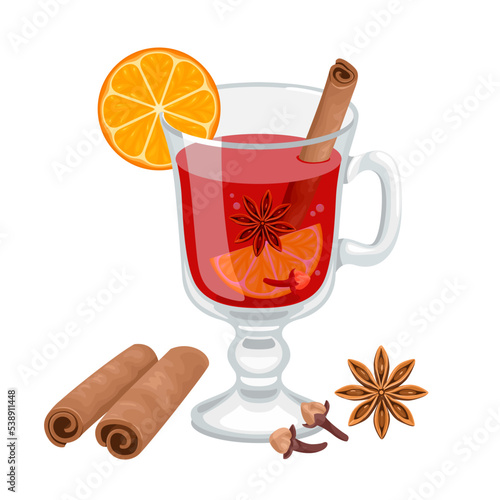 Mulled wine in a glass isolated on a white background. Vector drinks ingredients set. Winter alcoholic cocktail with dry cloves , cinnamon sticks, anise star, orange and wine. Classic winter drink.
