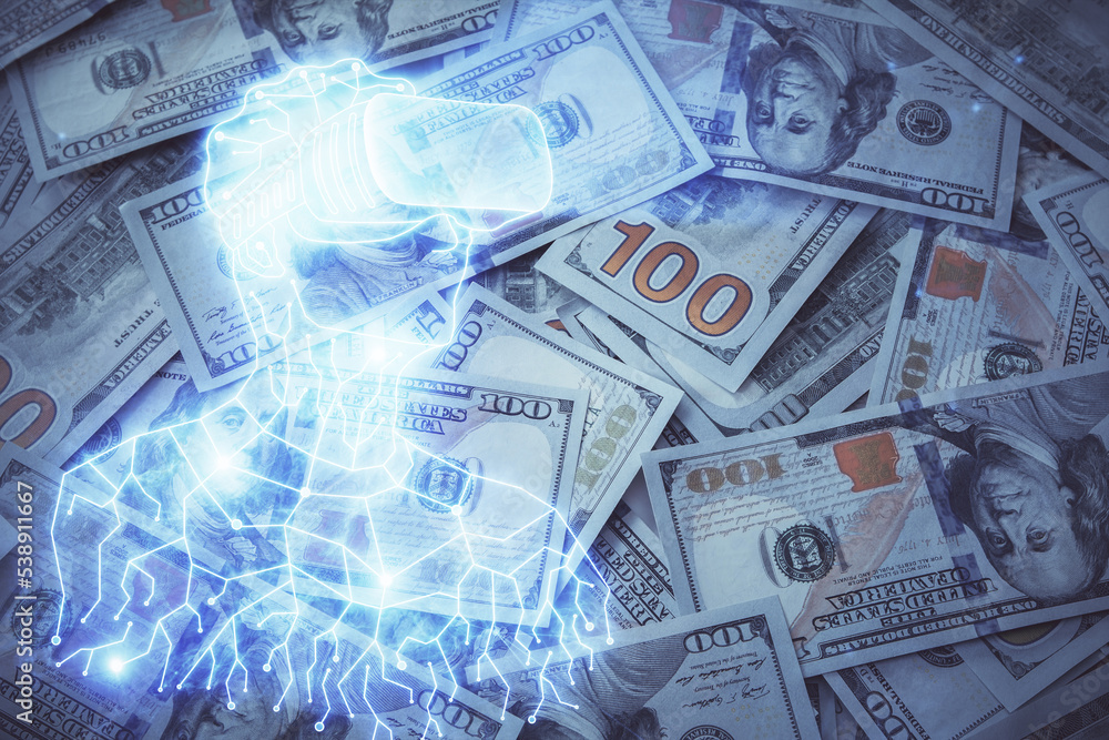 Fototapeta premium Double exposure of man wearing VR glasses drawing over usa dollars bill background. Concept of virtual reality.
