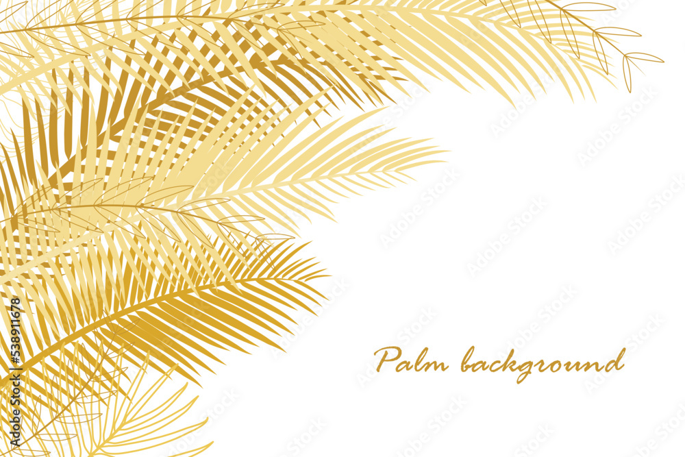 Palm tree background in yellow golden hues. Summer theme. Floral frame ...