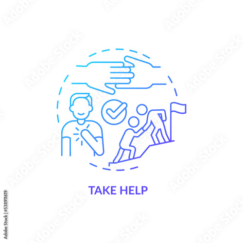 Take help blue gradient concept icon. Be open to professional support. Improving self esteem abstract idea thin line illustration. Isolated outline drawing. Myriad Pro-Bold font used
