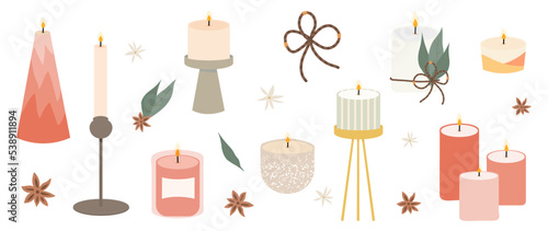 vector set of illustrations with candles, holiday candles, pink,
 with flowers and leaves, various natural scented candles on a white isolated background, handmade items