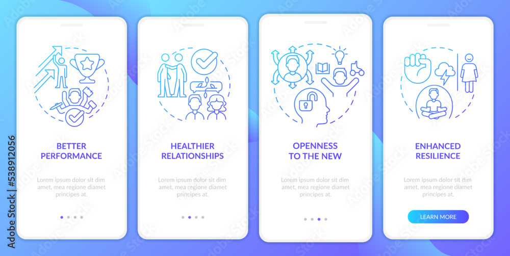Benefits of confidence blue gradient onboarding mobile app screen. Positivity walkthrough 4 steps graphic instructions with linear concepts. UI, UX, GUI template. Myriad Pro-Bold, Regular fonts used