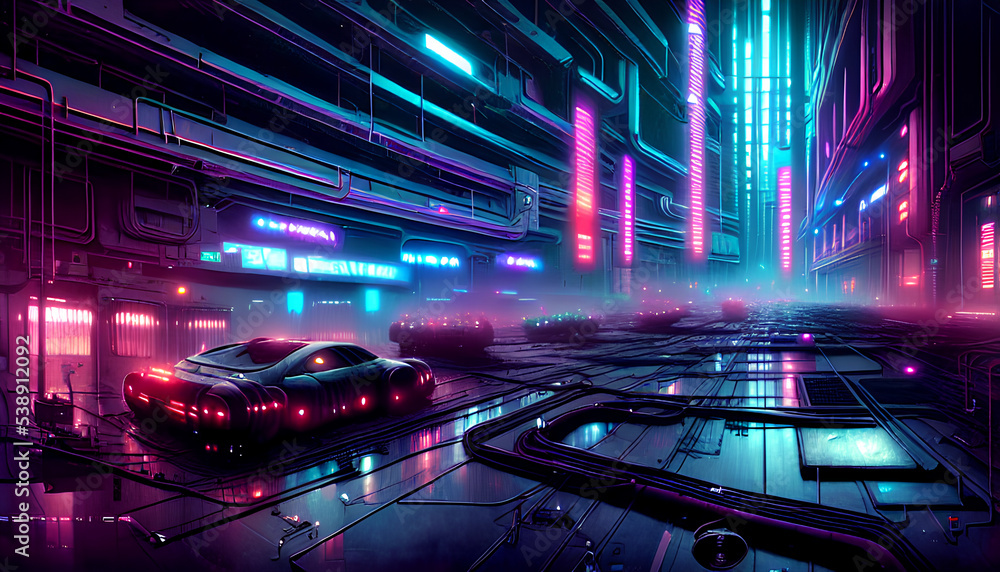 Fantasy cyberpunk synthesizer city with futuristic car. CG artwork design concept. 3D illustration