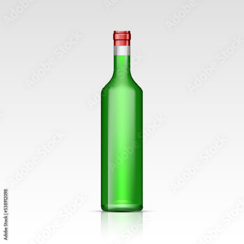 Realistic green glass absinthe or rum liquor bottles. Mock up template for alcohol product packing