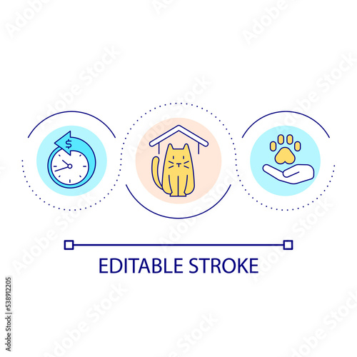 Pet sitting service loop concept icon. Domestic animals grooming. Dog and cat care hotel abstract idea thin line illustration. Isolated outline drawing. Editable stroke. Arial font used