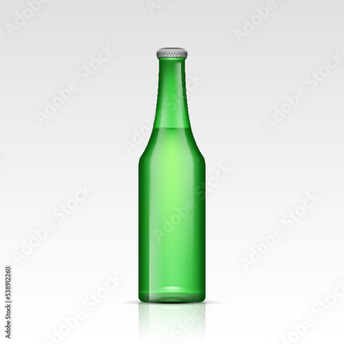Realistic green empty glass beer bottles. Mock up template blank for product packing advertisement