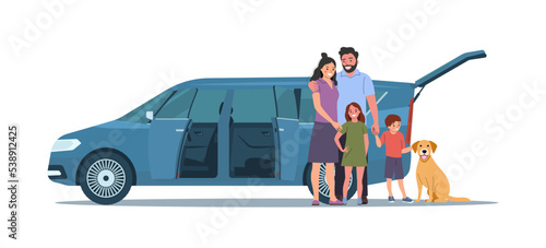 A family of white people with children standing next to their minivan car. Vector illustration.