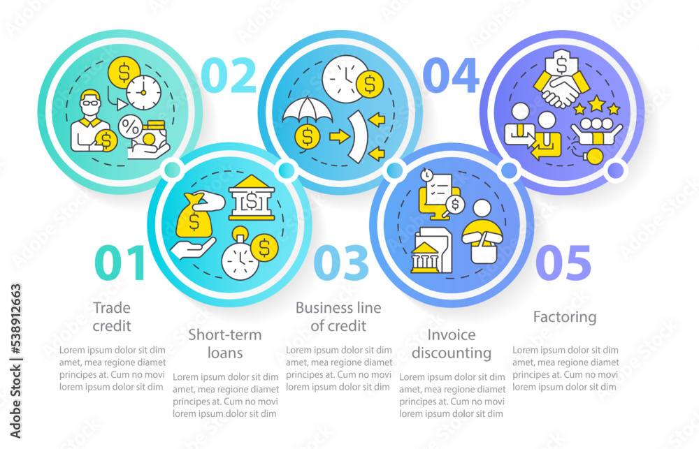 Sources of short term financing blue circle infographic template. Data visualization with 5 steps. Editable timeline info chart. Workflow layout with line icons. Myriad Pro-Regular font used Sources of short term financing blue circle infographic template. Data visualization with 5 steps. Editable timeline info chart. Workflow layout with line icons. Myriad Pro-Regular font used