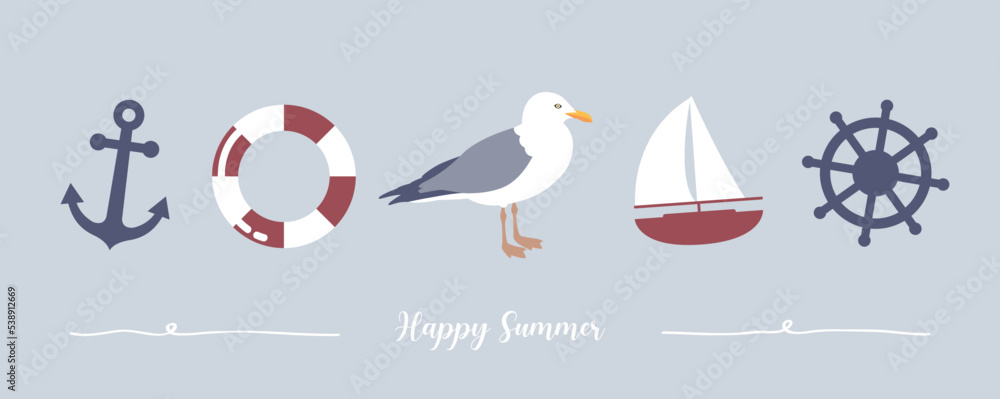 happy summer holiday banner design with gull sailing boat shell and anchor