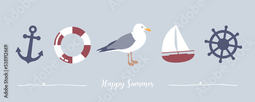 happy summer holiday banner design with gull sailing boat shell and anchor