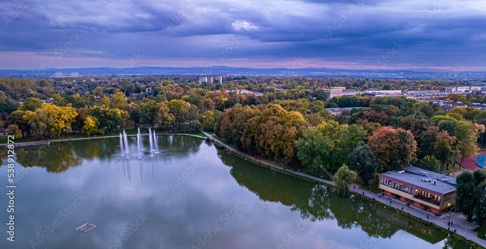 autumn landscape with lake - Zalew Nowohucki, Nowa Huta Lagoon, Bulwarowa, Nowa Huta, Kraków, Poland, Europe